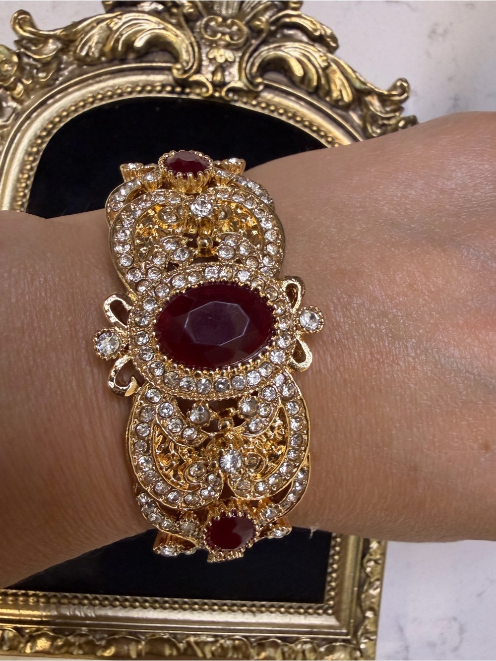 Vintage Gold-Tone Ruby Red Crystal Statement Cuff Bracelet | Baroque Rhinestone